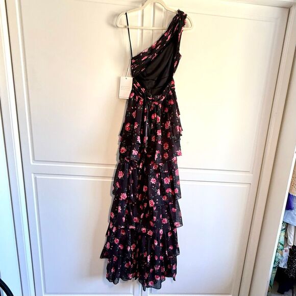 NWT Mac Duggal one-shoulder, high-low black gown with a red/pink floral print. - Picture 9 of 15